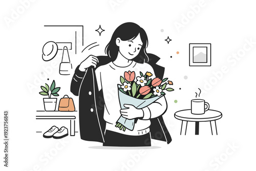 Women with flowers in coats indoors. A woman removes or adjusts her coat while holding a bouquet, transitioning between outdoor and home