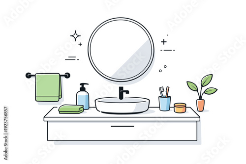 Designing a sleek, modern bathroom with minimal decor. Calm interior scene with a clean sink, mirror, and simple fixtures arranged with