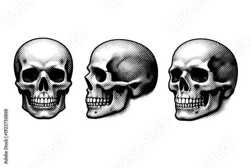 Comic dramatic composition panel illustrated as one high-contrast layout object shown in three views: front view, side view, and