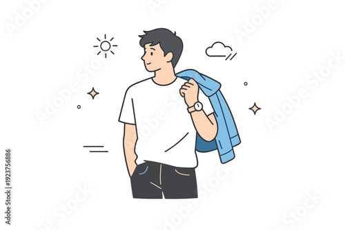 Casual Jacket Moment. People holding jackets. Someone draping a jacket over their shoulder while waiting, gaze turned slightly aside. A natural in-between