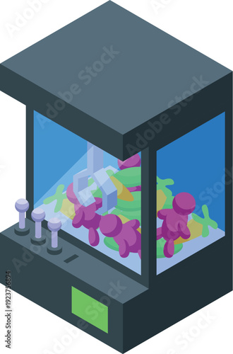 Claw crane arcade game trying to grab a purple plush toy, isometric view