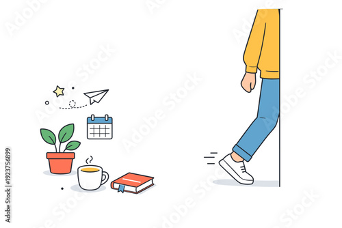 Edge-of-frame presence. A figure standing or walking with one arm or leg cropped out of view. Quiet realism emphasizing partial visibility and ordinary