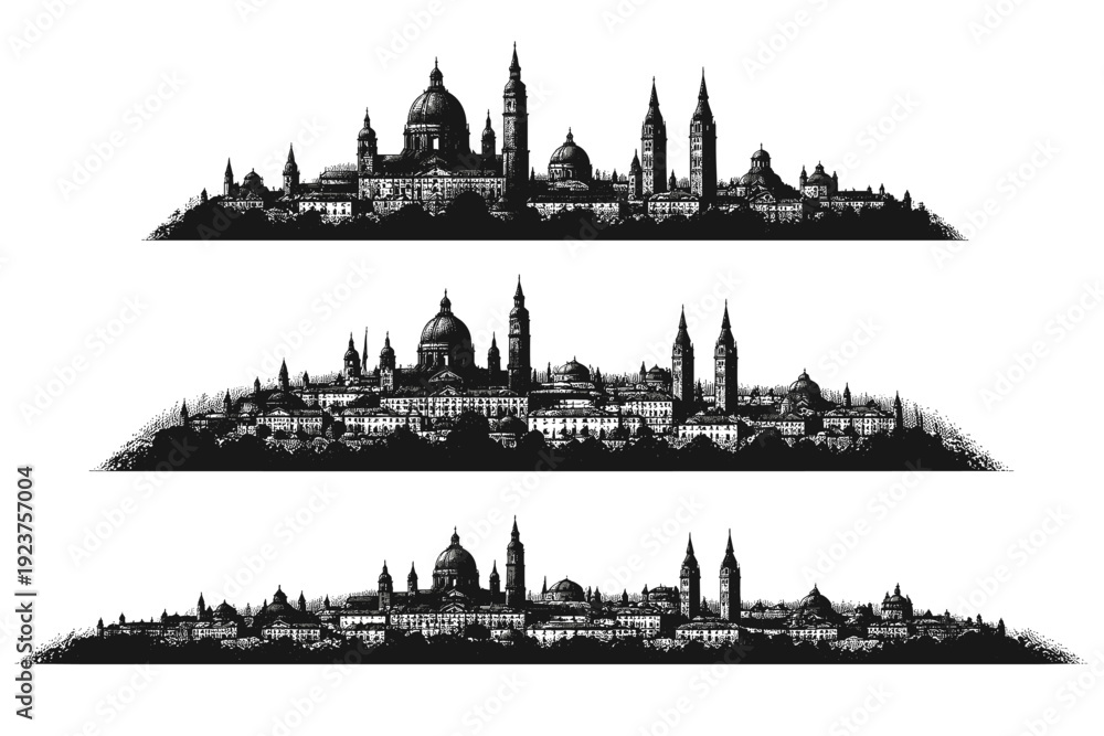 Fototapeta premium City skyline silhouette historic city. A historic city skyline with domes, towers, spires, and varied classical building masses combined into