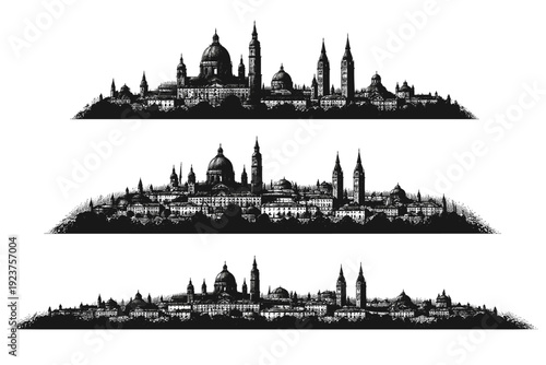 City skyline silhouette historic city. A historic city skyline with domes, towers, spires, and varied classical building masses combined into