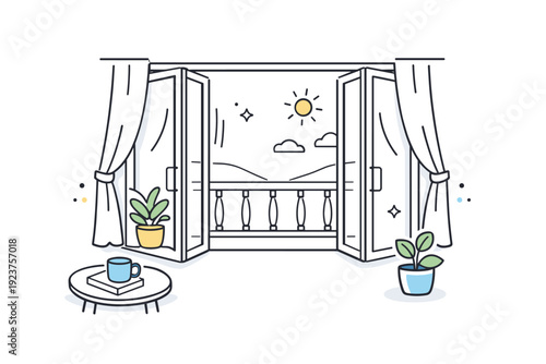 Balcony doors reopening. Curtains pulled slightly aside as balcony doors swing open, motion suggested with light lines. Subtle movement and