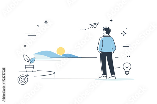 Calm future feeling. A figure standing near an open space, minimal background and soft highlights. Scene communicates reassurance, balance,