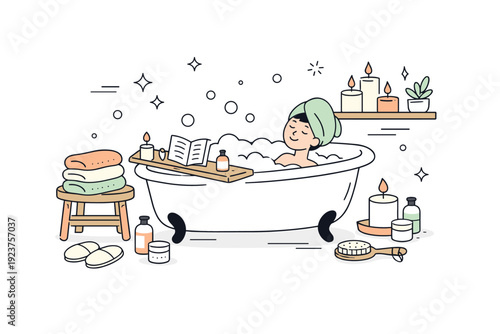Self-care bath routine. A calm editorial scene with candles, a bathtub, and towels arranged neatly, emphasizing personal care and slow time. The mood feels