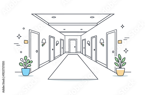 Linear perspective hallway with doors, plants, and wall sconces, minimalist line art