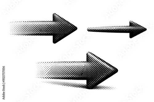 Halftone dotted arrow pointing right shown as a single object presented in three views: front view, side view, and three-quarter view. Black and white dot