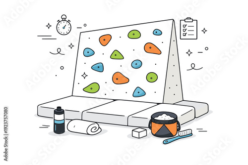 Indoor bouldering practice. Wall with climbing holds, safety mats, and chalk placed clearly, emphasizing training routine. Friendly and