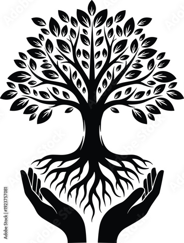Black silhouette of a leafy tree with deep roots being held by human hands for environmental protection, life, and growth.