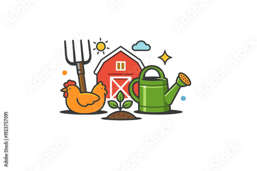 Family farm life and traditional agricultural practices represented with classic tools like a pitchfork and watering can arranged as a visual