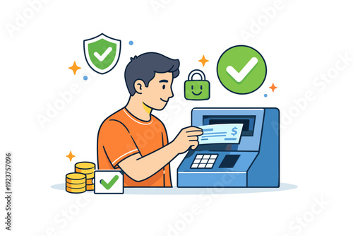 Person depositing check focused on financial confidence and peace of mind. A calm scene with a person completing a deposit action, supported