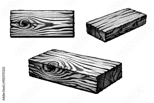 Wood board fragment with grain lines depicted as one isolated object presented in front view, rotated view, and three-quarter view