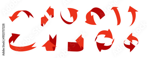 Glossy 3D arrows in different angles and rotations. Vector directions, cursors or pointers symbols. Circular movement pointing to left and right. Navigation and progress, recycling and flow symbols