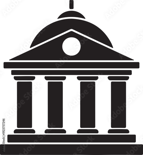Elegant black and white illustration of a neoclassical building featuring tall columns and a triangular pediment isolated on transparent background