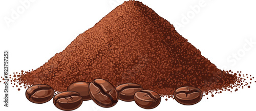 Vector illustration of coffee beans with ground coffee pile, roasted texture, beverage ingredient decorative motifs 