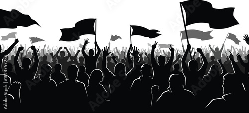 Vector illustration of crowd silhouette with flags raised, protest rally, unity, celebration, collective action decorative motifs