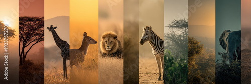 African wild animals standing in a collage of savanna landscapes during sunrise and sunset, displaying the beauty and importance of nature conservation and biodiversity