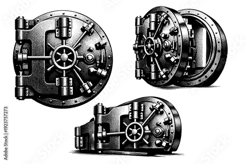 Bank vault circular steel door mechanism. Black and white dot style with halftone texture and high contrast. Halftone texture with partial