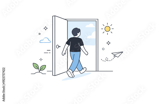People symbolizing fresh start or personal growth. A person stepping through a simple open doorway into a bright, uncluttered space. Quiet