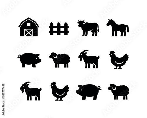Animal shelter setup. Filled icon set of Animal shelter setup: barn, fence, cow, horse, pig,