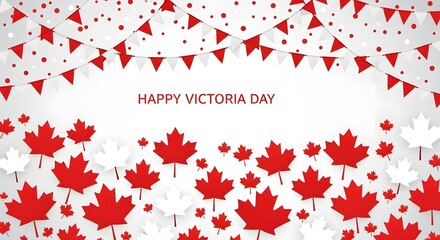 A festive victoria day background features red triangular flags maple leaves and a central white space
