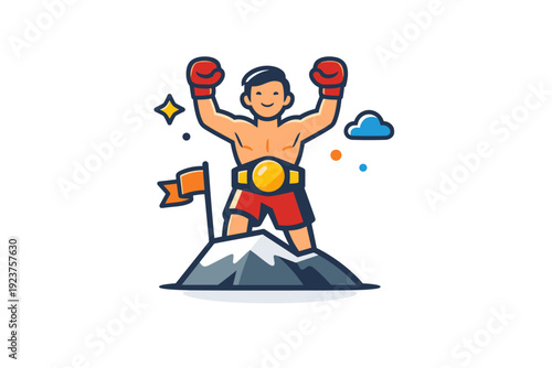 Fighter success representing determination strength and the satisfaction of reaching a goal. A small badge style illustration where the victorious pose conveys