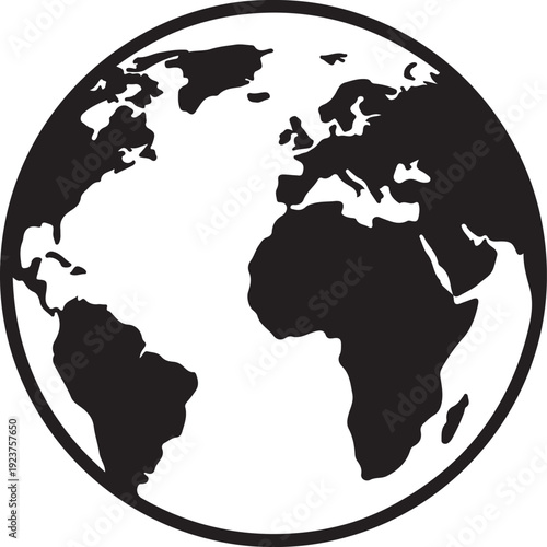Minimalist black and white world map illustration showing continents and oceans in a clean globe design perfect for educational or travel themed projects
