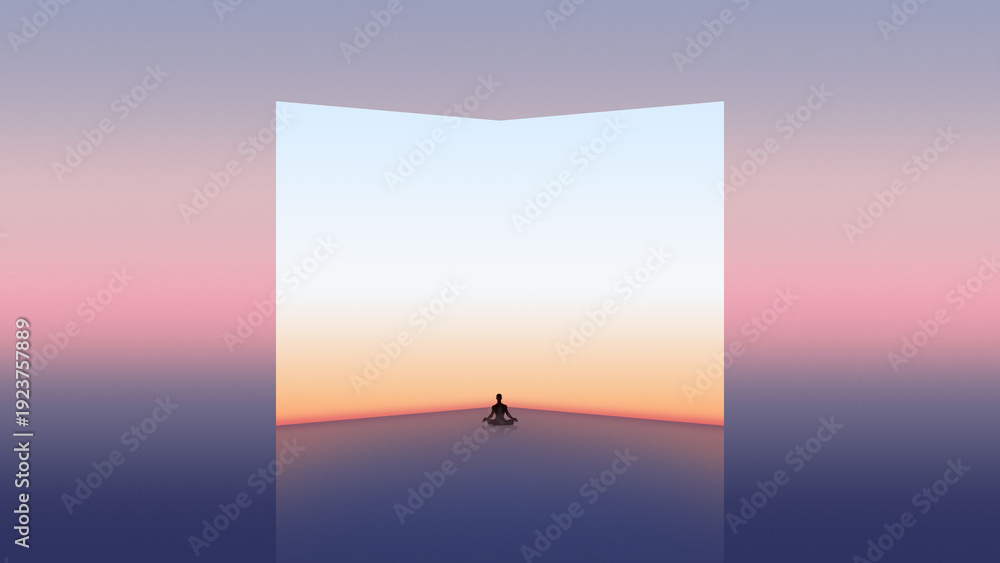 Fototapeta premium Surreal artwork. Silhouette meditating inside open gradient room. Concept of inner peace and emotional clarity, safe mental space and conscious self reflection.