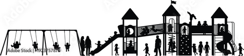 Vector illustration of playground silhouette with swings, slides, climbing structures, children playing, adults supervising, outdoor decorative motifs