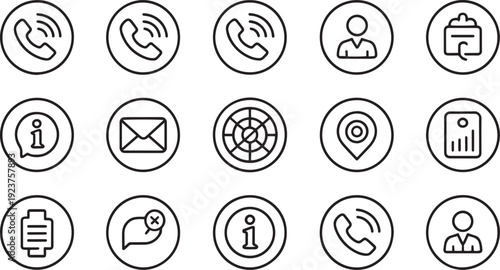 Set of sixteen communication and technology icons isolated on transparent background