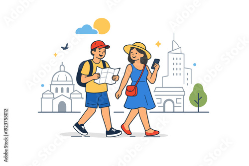 Friends exploring new cities capturing relaxed sightseeing and enjoying urban atmosphere at an easy pace. A calm and optimistic scene with strolling figures,