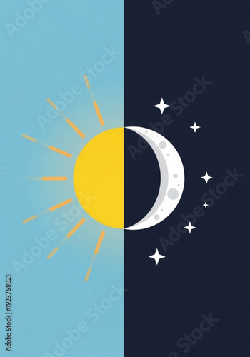 Sun and moon illustration with stars on contrasting blue and black background  