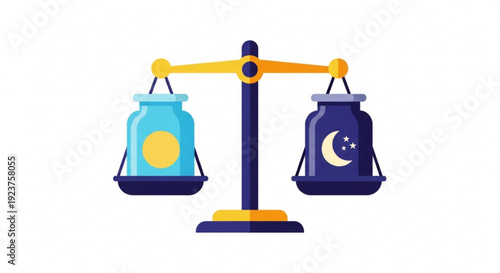 Colorful balance scale with jars representing day and night  