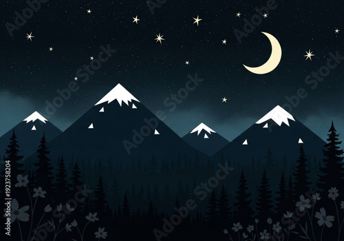 Night sky with mountains and crescent moon under starry background  