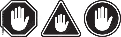 Set of three hand gesture icons stop caution and approval signs isolated on transparent background