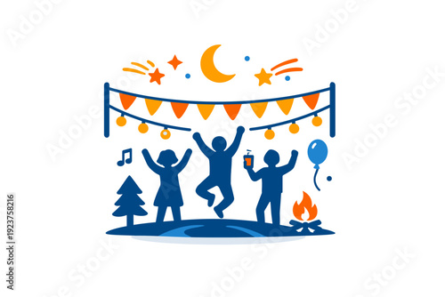 Holiday celebration concept outdoor festive scene with lights, stars, and gentle motion, expressing freedom, excitement, and shared celebration under open sky.