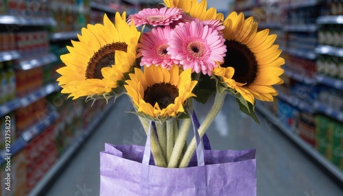 Woman holding colorful flower bouquets and shopping bags at the mall during spring season