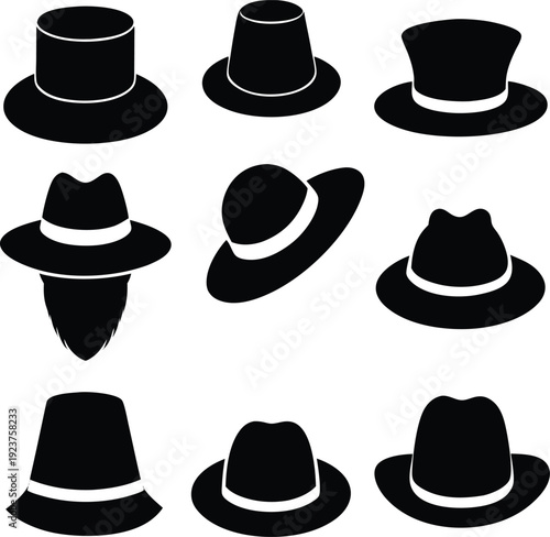 Collection of black silhouette hats with white bands