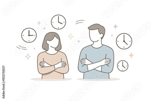 Abstract Waiting Scene. Arms crossed waiting. Abstract editorial scene with soft silhouettes, crossed arms and clock icons floating, calm muted palette.