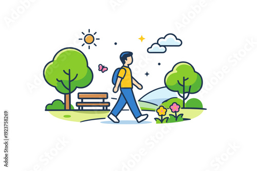 Spring park relaxation light walking moment with trees, flowers and open space, communicating balance, fresh air and positive everyday