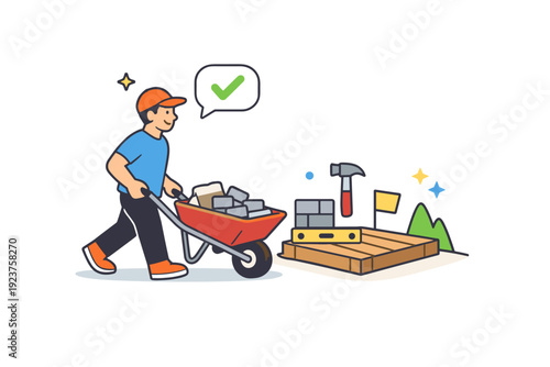 Home improvement task using a wheelbarrow simple outdoor scene with a person moving materials toward a small project area, communicating