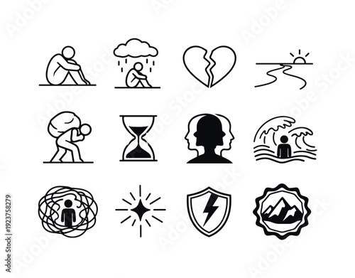 Being Alone in Hard Times. Line outline icon set of Being Alone in Hard Times: person