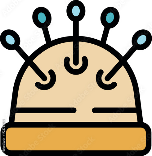 Classic pincushion holding multiple pins, essential tool for sewing, tailoring, quilting, and other needlework projects