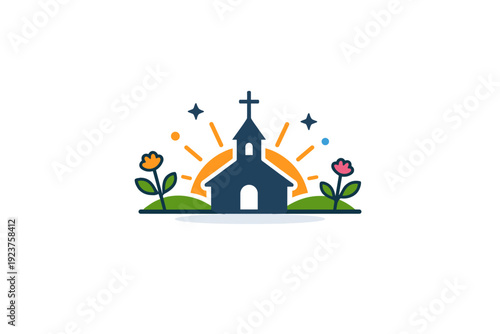 Spring church celebration hopeful morning symbol with a small church silhouette and rising sun, paired with minimal plants to communicate faith, renewal, and