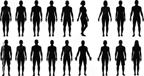 Human life cycle vector silhouettes featuring pregnant woman, baby stroller, child, adult man, senior citizen with cane, and disabled person,