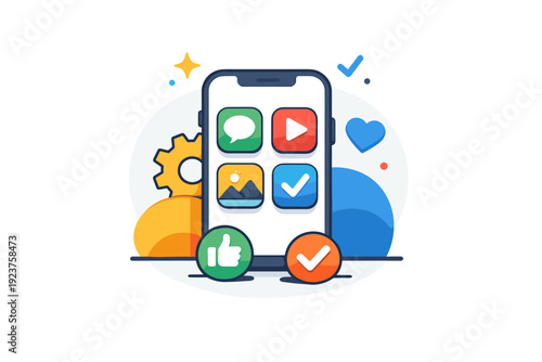 Mobile app usage a friendly badge-style composition featuring a phone screen with simple app symbols, expressing intuitive design and user friendly technology.
