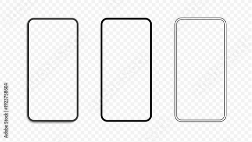 Smartphone screen mockups with modern slim bezels. Vector phone display templates collection. Glass panels and minimal frames for showcasing app interface. Digital product presentation