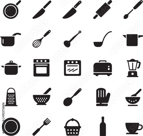 black kitchen utensils and appliances icons set on white background